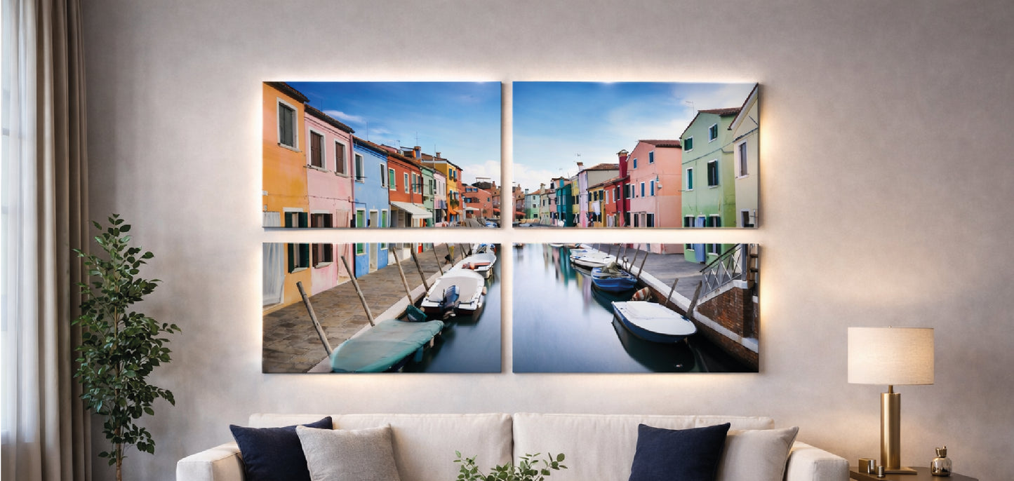 Quadrittico foto su metallo paesaggio Venezia in soggiorno moderno | Markaink
