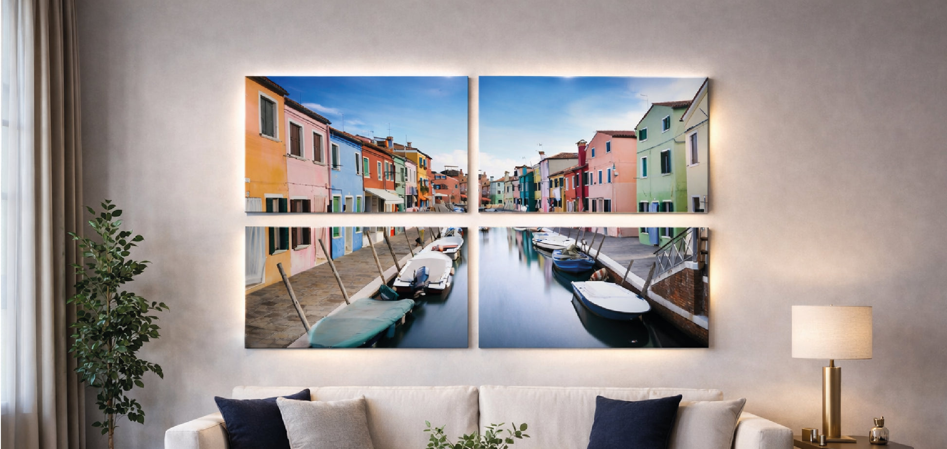 Quadrittico foto su metallo paesaggio Venezia in soggiorno moderno | Markaink